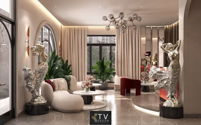 Thiết kế thi công khách sạn và khách sạn tình yêu tại Nha Trang – Khánh Hòa với không gian sảnh chờ nghệ thuật, sang trọng và lãng mạn. 