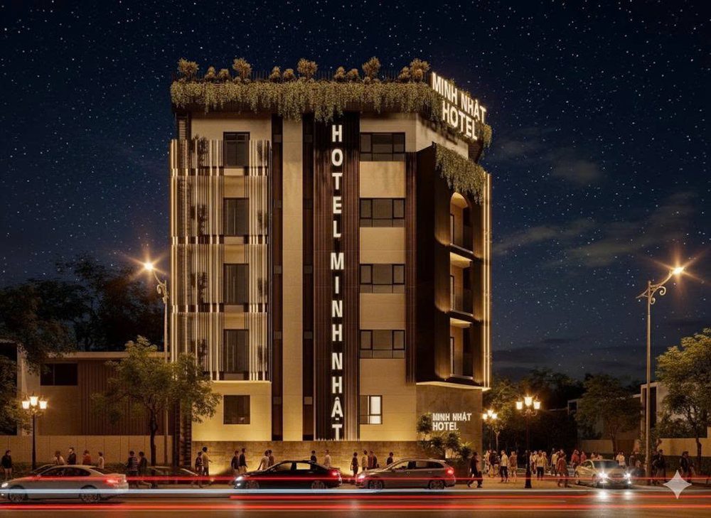 Mặt tiền khách sạn tình yêu Minh Nhật 1000m² lung linh ánh vàng về đêm  Góc chụp toàn cảnh khách sạn tình yêu Minh Nhật sang trọng hiện đại  Hệ lam đứng ánh sáng vàng nổi bật của khách sạn Minh Nhật  Thiết kế khách sạn tình nhân Minh Nhật phối cảnh đêm ấn tượng  Mái xanh khách sạn tình yêu Minh Nhật kết hợp đèn LED cao cấp