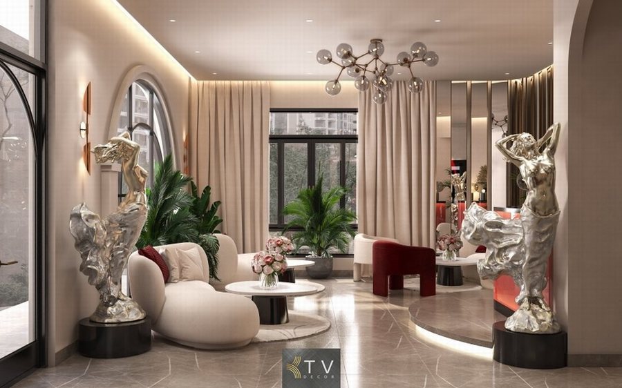thiết kế thi công khách sạn tình yêu tại TPHCM – sảnh chờ sang trọng với tượng nghệ thuật và nội thất cao cấp