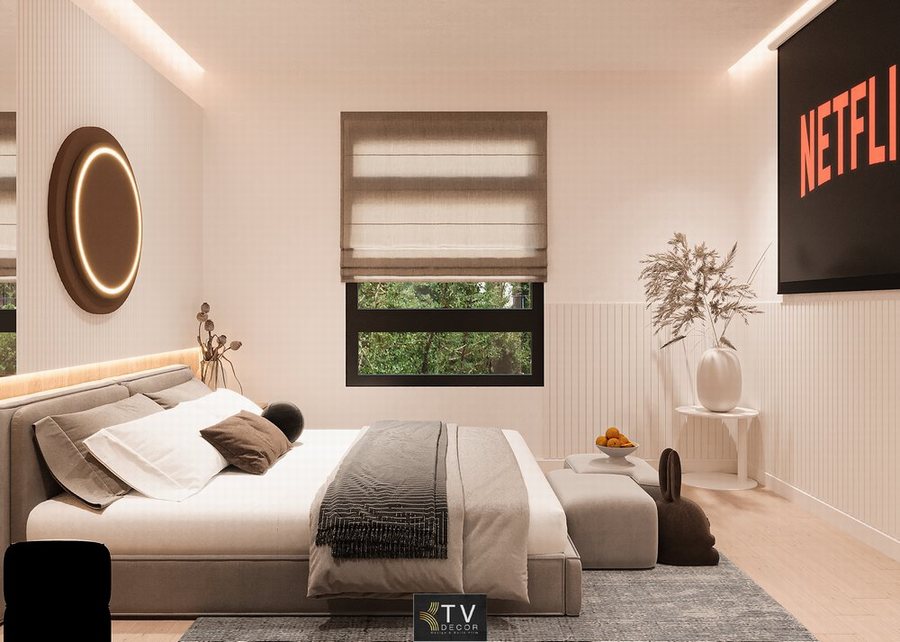 Thiết kế phòng khách sạn hiện đại tại TP.HCM với nội thất tối giản, giường êm ái và không gian xem Netflix thư giãn