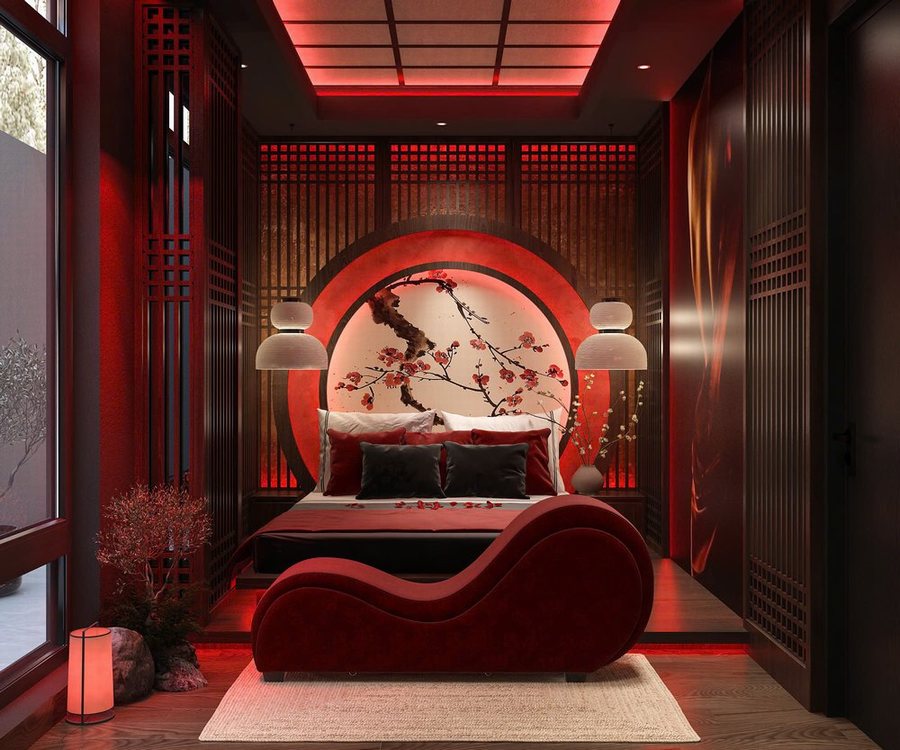 Thiết kế phòng khách sạn tình yêu phong cách Nhật Bản tại TP.HCM với ghế tantra và ánh sáng LED đỏ ấm áp 