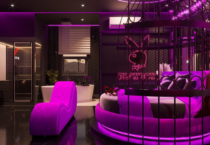 Thiết kế thi công khách sạn và khách sạn tình yêu tại Vũng Tàu với phong cách Playboy hiện đại, không gian phòng ngủ màu tím hồng sang trọng.