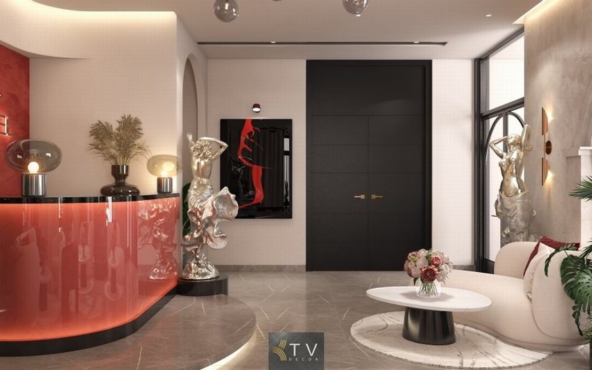 Điểm nhấn nổi bật: Quầy lễ tân bo cong tông đỏ kết hợp chữ "Love Hotel" nổi bật, tượng decor sang trọng – tạo ấn tượng mạnh mẽ và đẳng cấp từ cái nhìn đầu tiên.