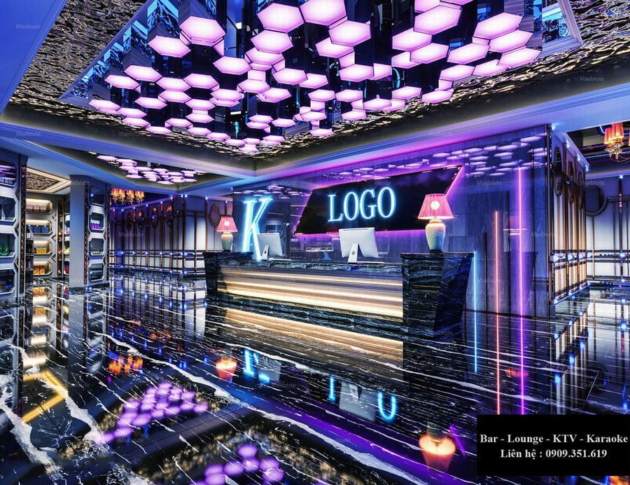 Thiết kế thi công karaoke tại TPHCM khu vực lễ tân hiện đại với đèn LED trần độc đáo và quầy đá sang trọng.