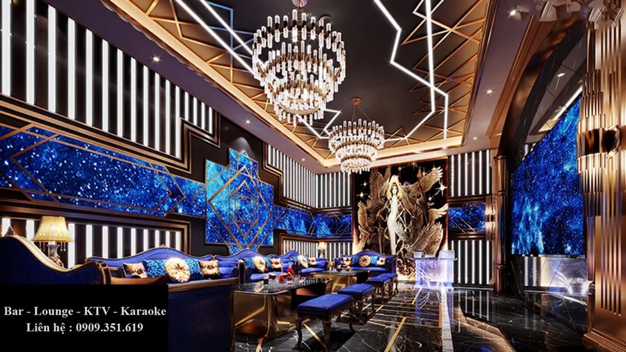 Thiết kế thi công karaoke tại TPHCM phong cách Bar Lounge hiện đại, nội thất cao cấp với ánh sáng LED nghệ thuật và đèn chùm pha lê sang trọng.