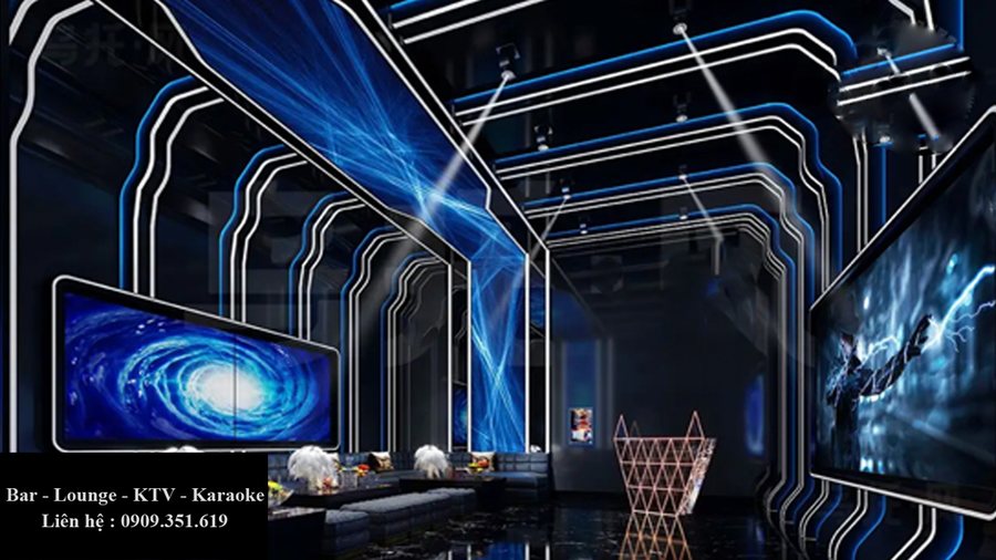 Thiết kế thi công karaoke tại TPHCM phong cách tương lai với hệ thống LED hiện đại, không gian ánh sáng mạnh mẽ và đậm chất công nghệ.