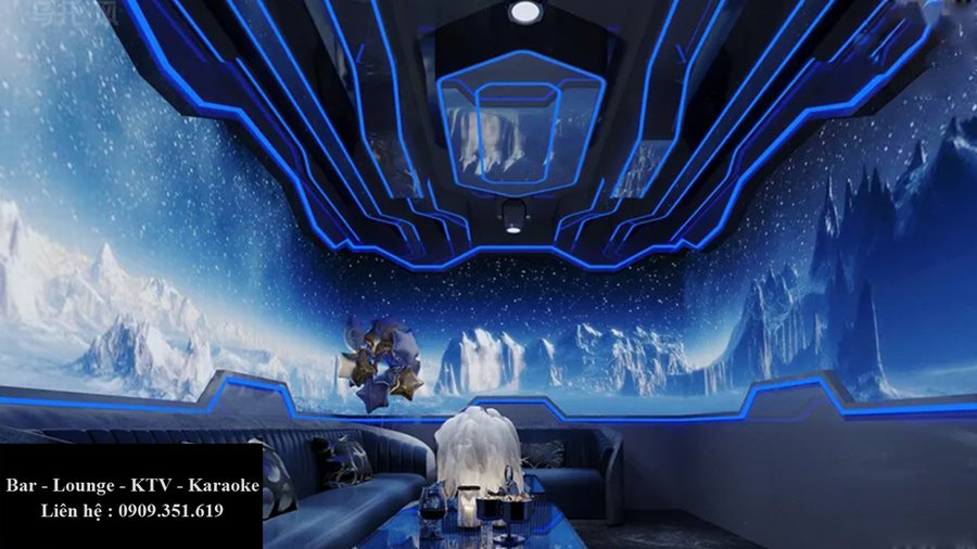 Thiết kế thi công karaoke tại TPHCM phong cách băng tuyết độc đáo với không gian LED 3D và ánh sáng xanh lạnh hiện đại.