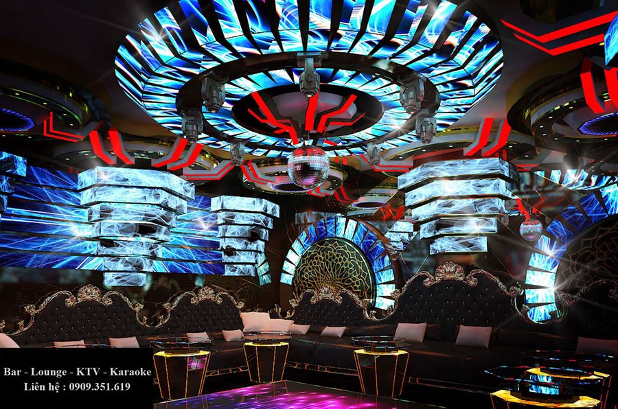Thiết kế thi công karaoke tại TPHCM phong cách Bar KTV hiện đại, trần LED 3D ánh sáng chuyển động và nội thất sang trọng.