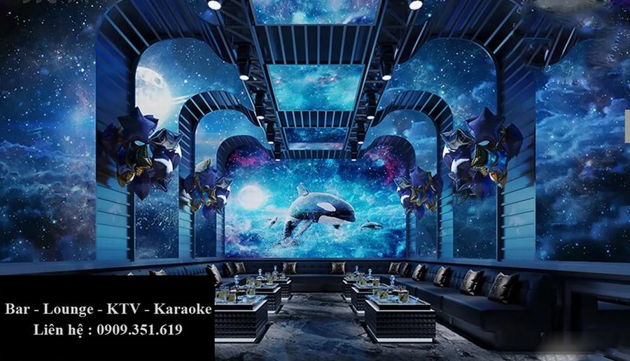 Thiết kế thi công karaoke tại TPHCM phong cách đại dương vũ trụ, không gian karaoke 3D hiện đại và sáng tạo.