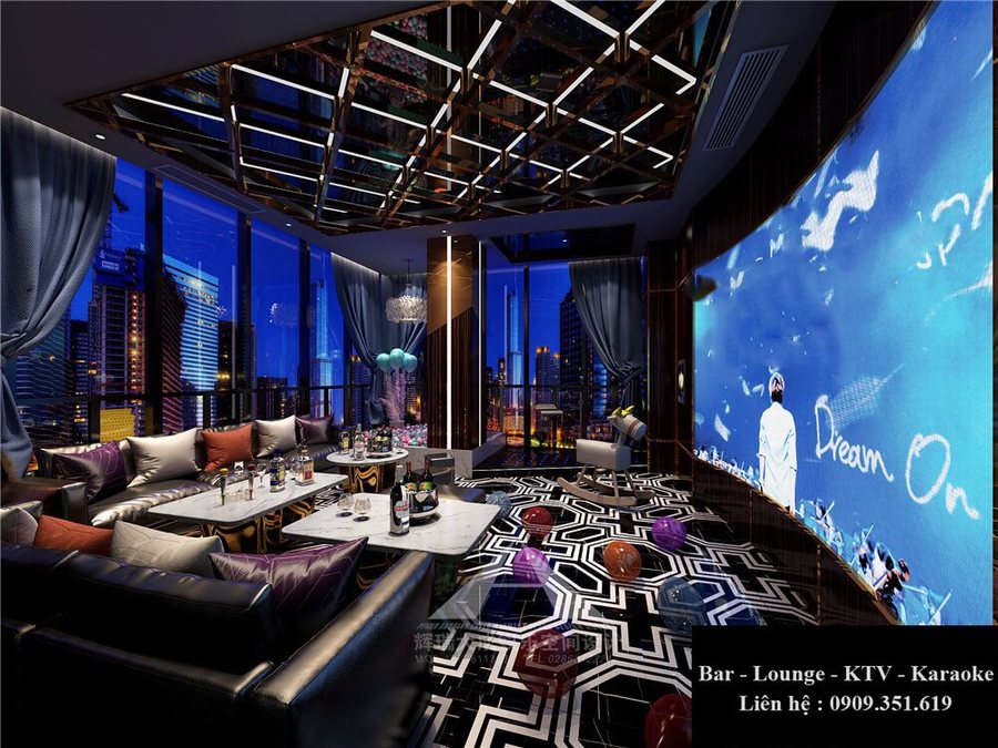 Thiết kế thi công karaoke tại TPHCM phong cách Lounge sang trọng, view thành phố, nội thất cao cấp.