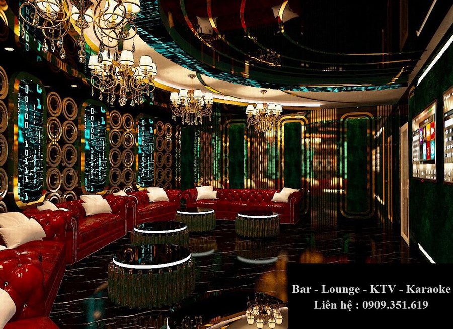 Thiết kế thi công karaoke tại TPHCM phong cách retro kết hợp công nghệ, nội thất da đỏ và ánh sáng nghệ thuật.