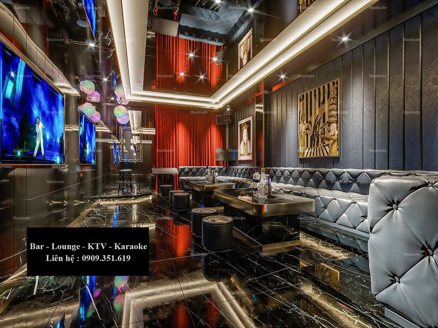 Thiết kế thi công karaoke tại TPHCM phong cách hiện đại, ghế sofa da cao cấp, ánh sáng LED sang trọng.