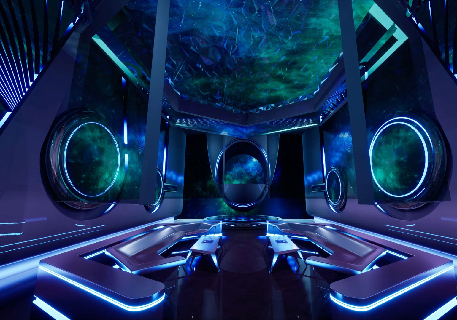 Thiết kế phòng karaoke phong cách futuristic ánh sáng LED xanh tím Nội thất karaoke hiện đại lấy cảm hứng từ không gian vũ trụ 