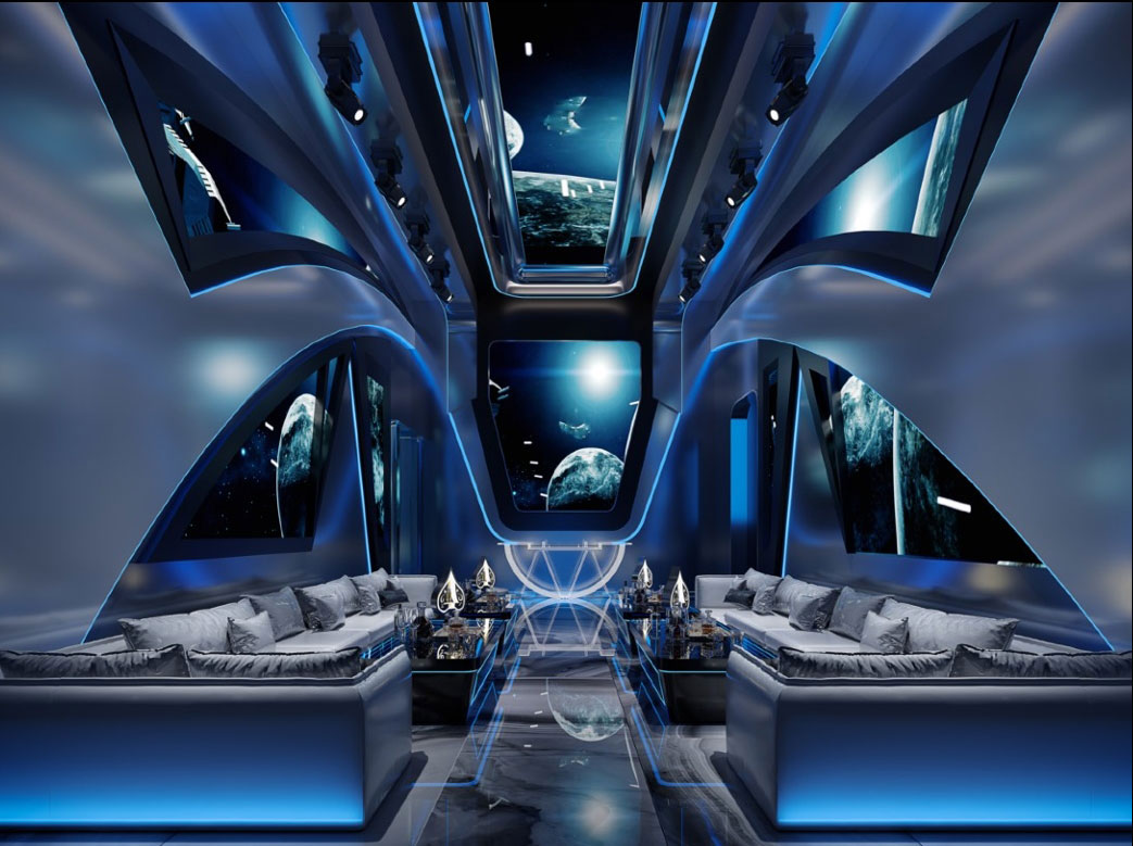 Khám phá mẫu thiết kế karaoke phong cách vũ trụ hiện đại với ánh sáng LED xanh futuristic, trần không gian vũ trụ 3D và nội thất cao cấp.  Thiết kế & thi công karaoke chuẩn xu hướng quốc tế