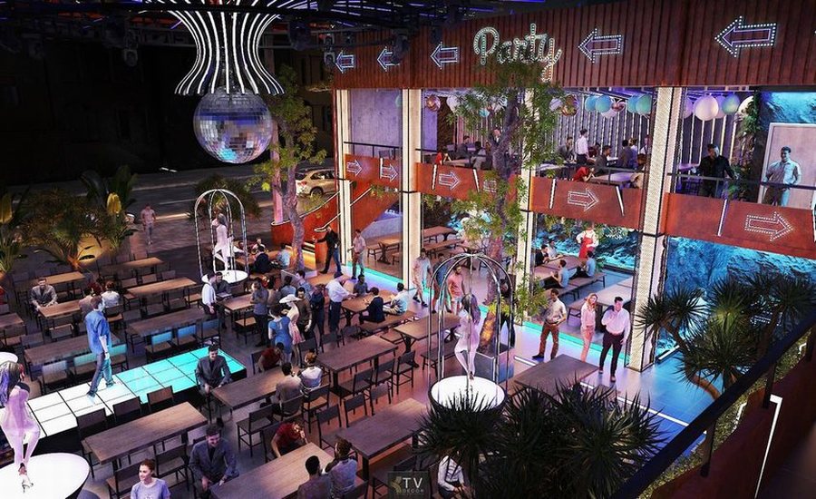 Thiết kế thi công beer food garden phong cách nightlife với sân khấu mở, tầng lửng và ánh sáng LED sống động.