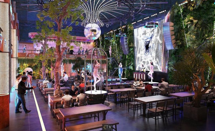 Thiết kế thi công beer food garden tích hợp sân khấu, cây xanh và không gian ẩm thực – mô hình F&B nightlife hiện đại.