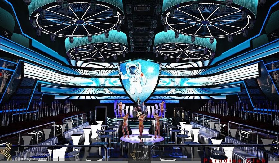 Không gian Bar Club đẳng cấp với thiết kế ánh sáng LED xanh dương, trần hiệu ứng độc đáo và sân khấu trung tâm mang chủ đề phi hành gia – tạo nên trải nghiệm giải trí hiện đại và khác biệt.