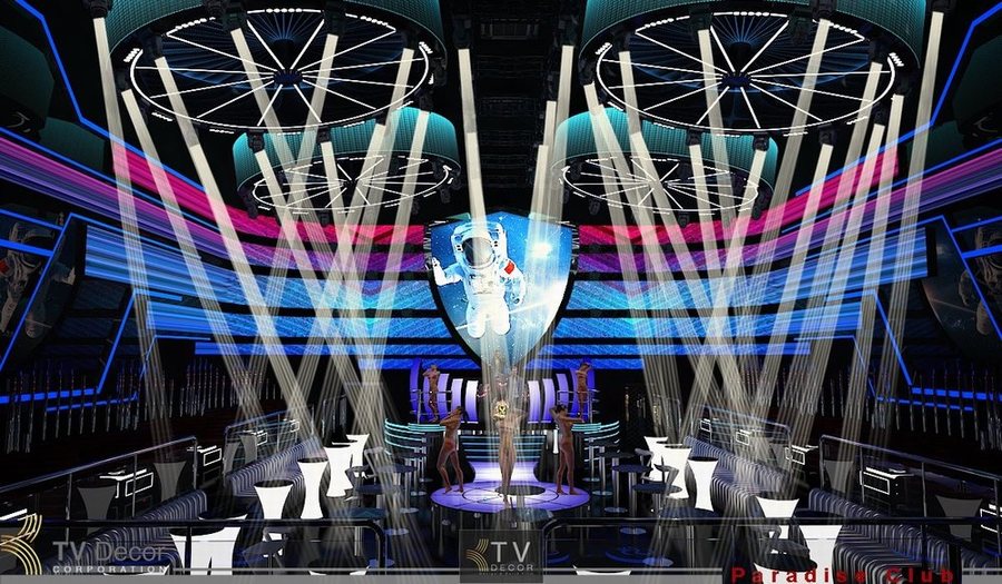 Không gian Bar Club hiện đại rực rỡ với hệ thống ánh sáng chuyển động, sân khấu trung tâm và hiệu ứng LED sống động, mang đến bầu không khí giải trí đỉnh cao và ấn tượng thị giác mạnh mẽ.