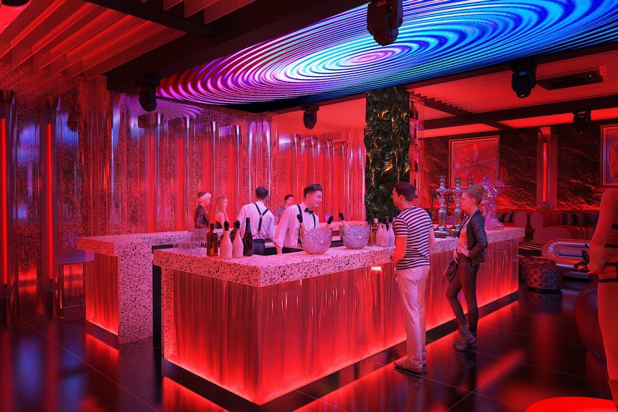 Thiết kế thi công quầy bar lounge hiện đại ánh sáng đỏ nổi bật – KTV GROUP.