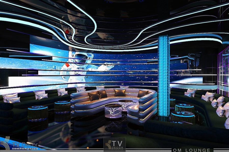 Không gian Lounge cao cấp với thiết kế ánh sáng LED xanh dịu, trần bo cong ấn tượng và sofa bọc da sang trọng – tạo cảm giác thư giãn, đậm chất hiện đại và cá tính.