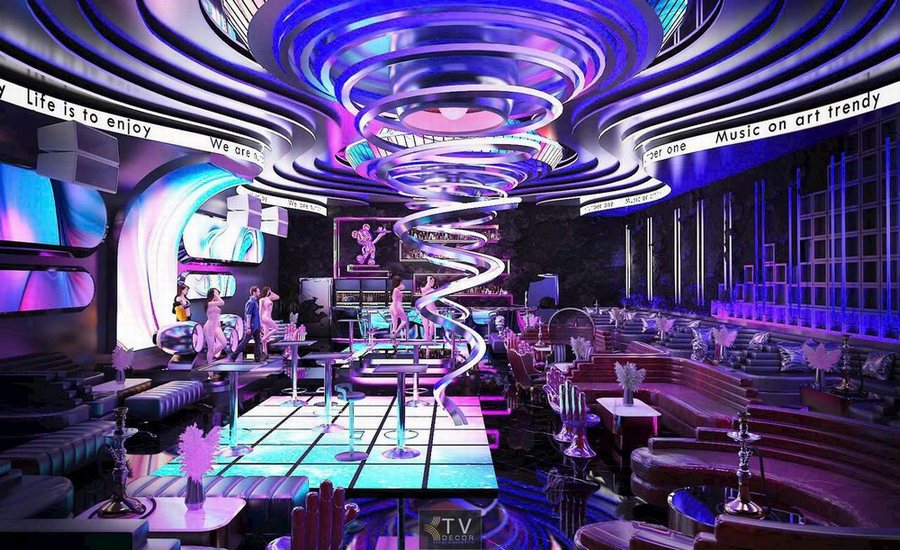 Thiết kế thi công Bar Club hiện đại với sàn phát sáng và trần xoắn ốc ánh sáng tím xanh ấn tượng – KTV GROUP.