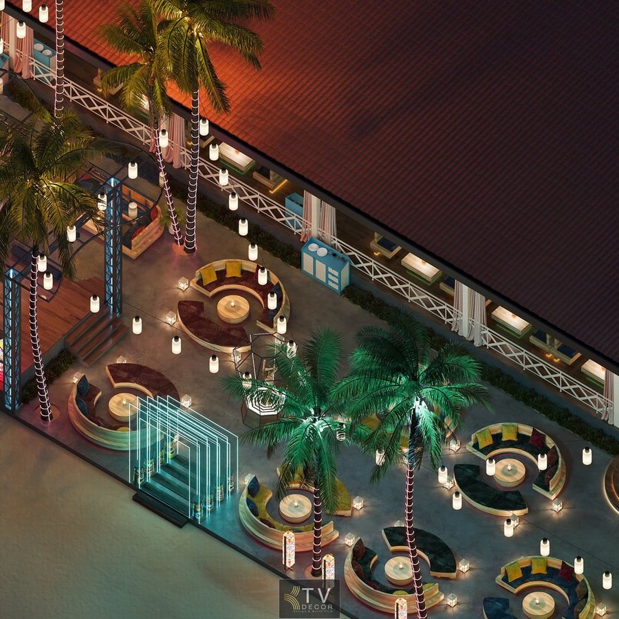 Không gian Beach Club Bar ven biển sang trọng và sôi động.  Thiết kế Bar Lounge ngoài trời phong cách nhiệt đới. 