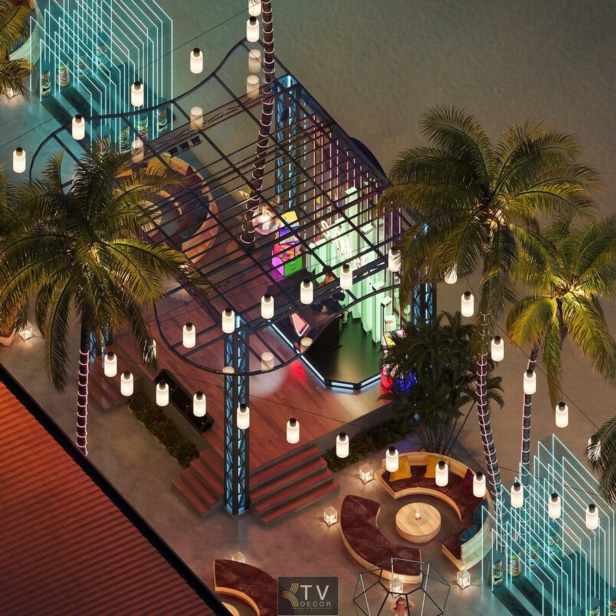 Thi công Beach Club ven biển với khu bàn tròn ngoài trời.  Mô hình Bar – Lounge ngoài trời với ánh sáng lung linh. 