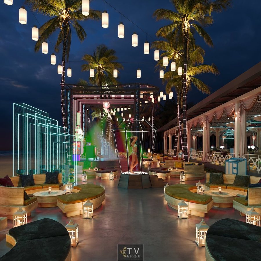 Mô hình Bar – Lounge ngoài trời với ánh sáng lung linh.  Beach Club ven biển kết hợp Bar Lounge phong cách trẻ trung. 
