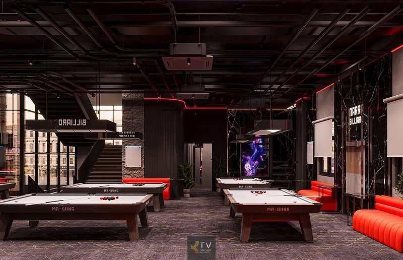 Không gian thi đấu lầu 1 NARRA BILLIARDS – Bida Club, nổi bật với hệ thống bàn bida MR.SUNG tiêu chuẩn quốc tế, thiết kế nội thất hiện đại kết hợp ánh sáng chuyên dụng tạo nên trải nghiệm thi đấu chuyên nghiệp và đẳng cấp.