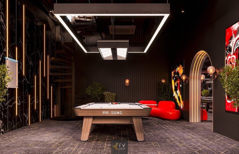 Góc thi đấu riêng biệt tại lầu 1 NARRA BILLIARDS – Bida Club, mang phong cách hiện đại với thiết kế ánh sáng hình học độc đáo, kết hợp sofa đỏ nghệ thuật và tranh trang trí ấn tượng, tạo không gian thi đấu đậm chất cá tính.