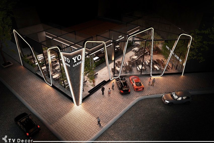 thiết kế nhà hàng yoyo beer garden nhìn từ trên cao, phối cảnh quán nhậu không gian mở tại hồ con rùa, thiết kế kiến trúc nhà hàng beer garden TP.HCM, không gian nhà hàng ngoài trời phong cách hiện đại, mô hình quán nhậu sân vườn đẹp do KTVDesign thực hiện