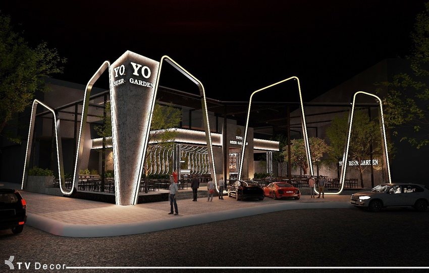 Mặt tiền ấn tượng của YOYO Beer Garden – Hồ Con Rùa, TP.HCM, nổi bật với thiết kế ánh sáng nghệ thuật, khung kết cấu phá cách và không gian mở – dự án thiết kế thi công trọn gói bởi KTVDesign.