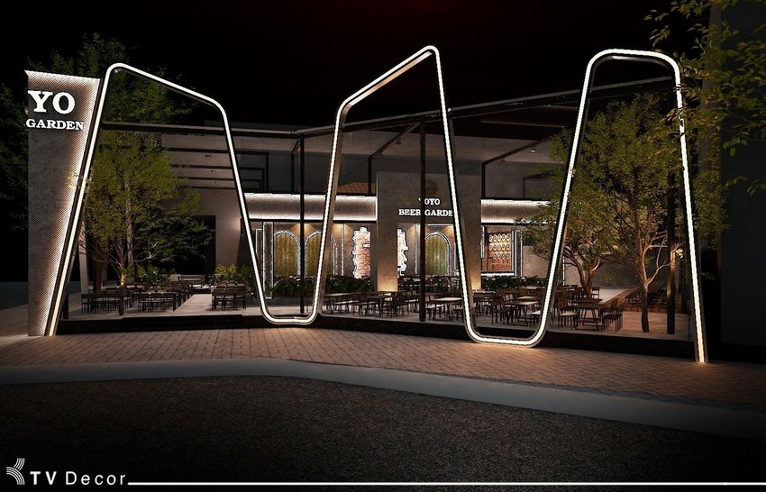 thiết kế mặt bên nhà hàng yoyo beer garden tại hồ con rùa, phối cảnh không gian mở quán nhậu sân vườn về đêm, thiết kế nhà hàng beer garden có cây xanh, thi công nhà hàng mở ánh sáng led nghệ thuật, thiết kế kiến trúc nhà hàng hiện đại tại TP.HCM do KTVDesign thực hiện