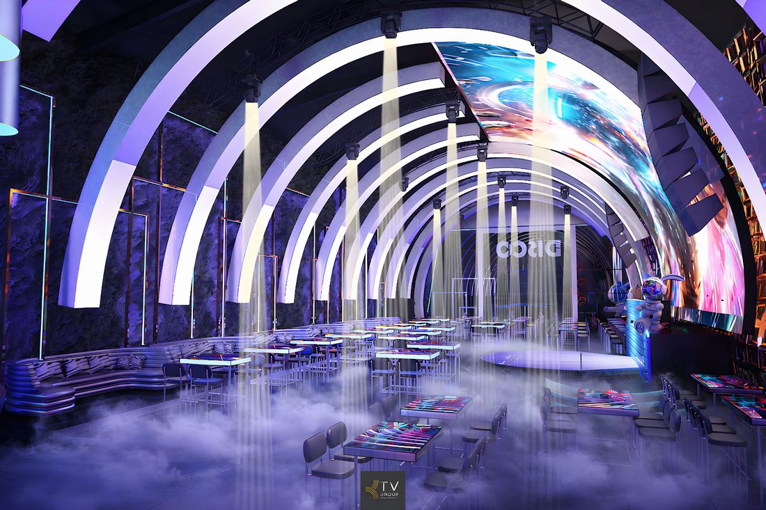 Báo giá thiết kế Beer Club,Báo giá thi công Beer Club 4,Mẫu Thiết kế Beer Club gây ấn tượng với hệ trần vòm ánh sáng liên hoàn và màn hình LED cong kích thước lớn bao trọn sân khấu