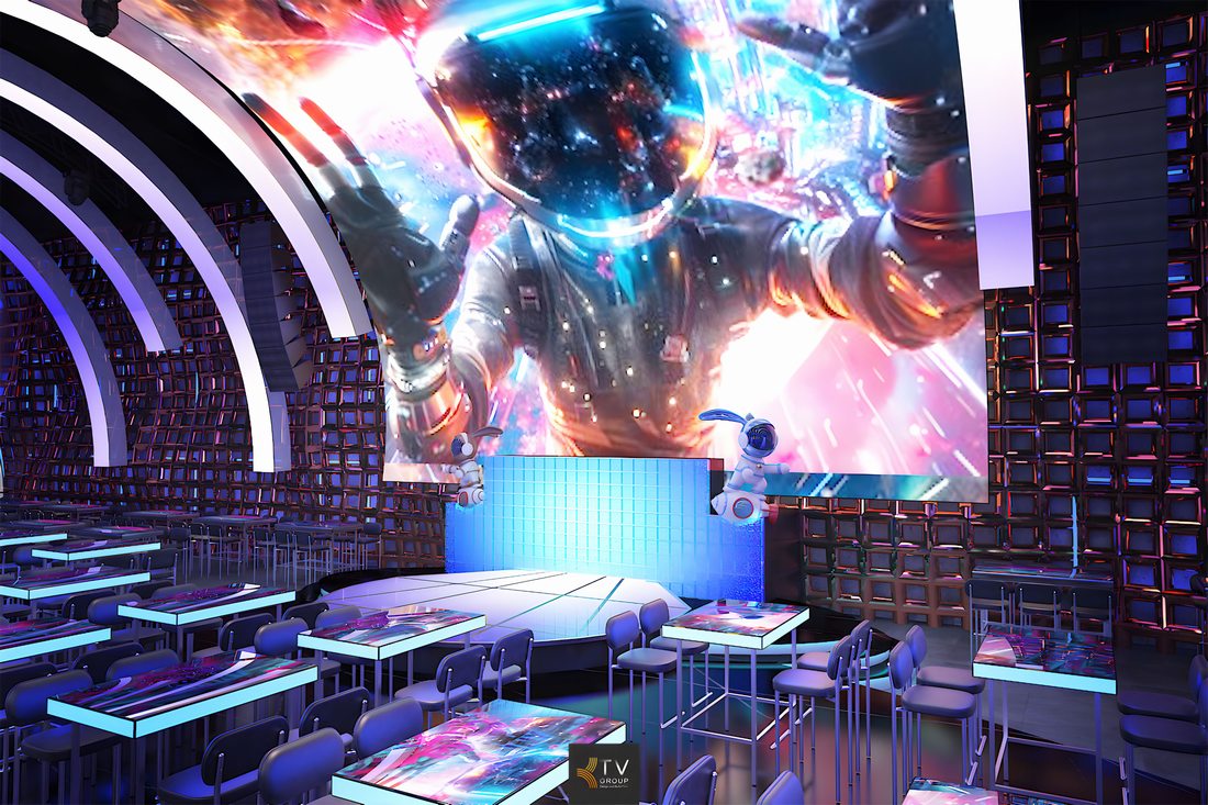 Báo giá thiết kế Beer Club,Báo giá thi công Beer Club 4,Mẫu Thiết kế Beer Club nổi bật với màn hình LED khổ lớn phủ trọn sân khấu, tạo hiệu ứng thị giác bùng nổ. Hệ trần cong tích hợp ánh sáng chiếu điểm chuyên nghiệp, tăng chiều sâu không gian