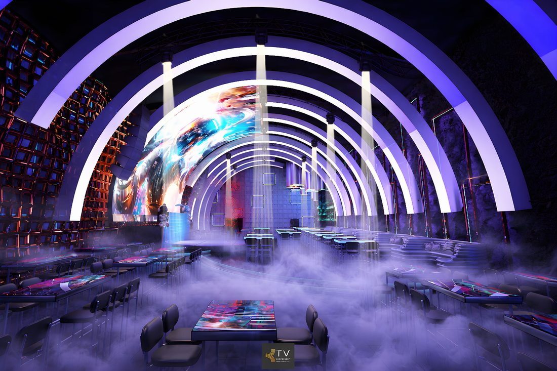 Báo giá thiết kế Beer Club,Báo giá thi công Beer Club 4,Ý tưởng Thiết kế Beer Club tập trung vào hiệu ứng ánh sáng vòng cung chạy dọc trần, tạo cảm giác không gian rộng và sâu hơn