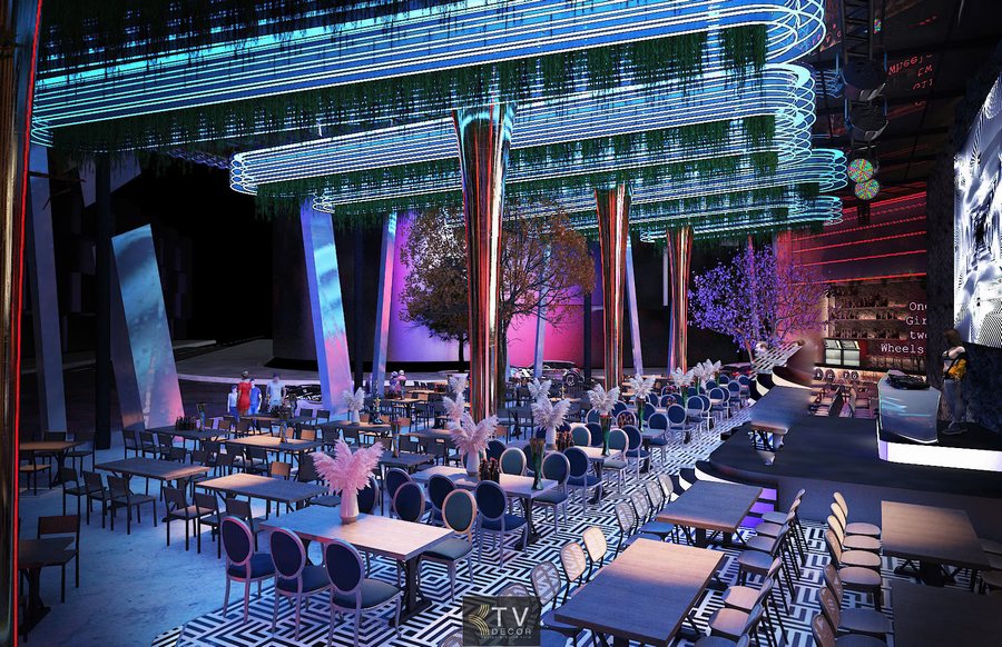 Thiết kế mặt tiền nhà hàng Garden phong cách hiện đại về đêm do KTV Group thực hiện