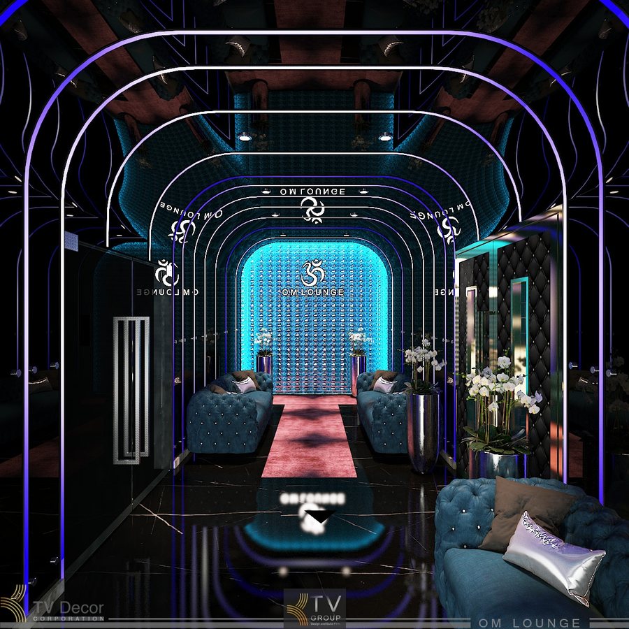 Thiết kế không gian OM Lounge bar sang trọng, đẳng cấp quốc tế Mặt tiền lounge bar hiện đại với hệ thống đèn LED nổi bật về đêm