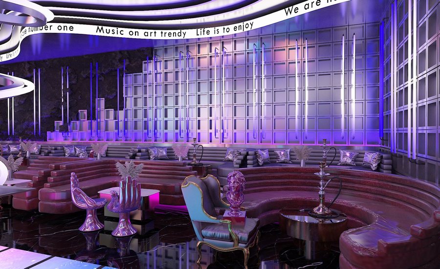 Quầy bar trung tâm với hiệu ứng ánh sáng nổi bật  Khu bàn VIP sang trọng trong Lounge cao cấp 