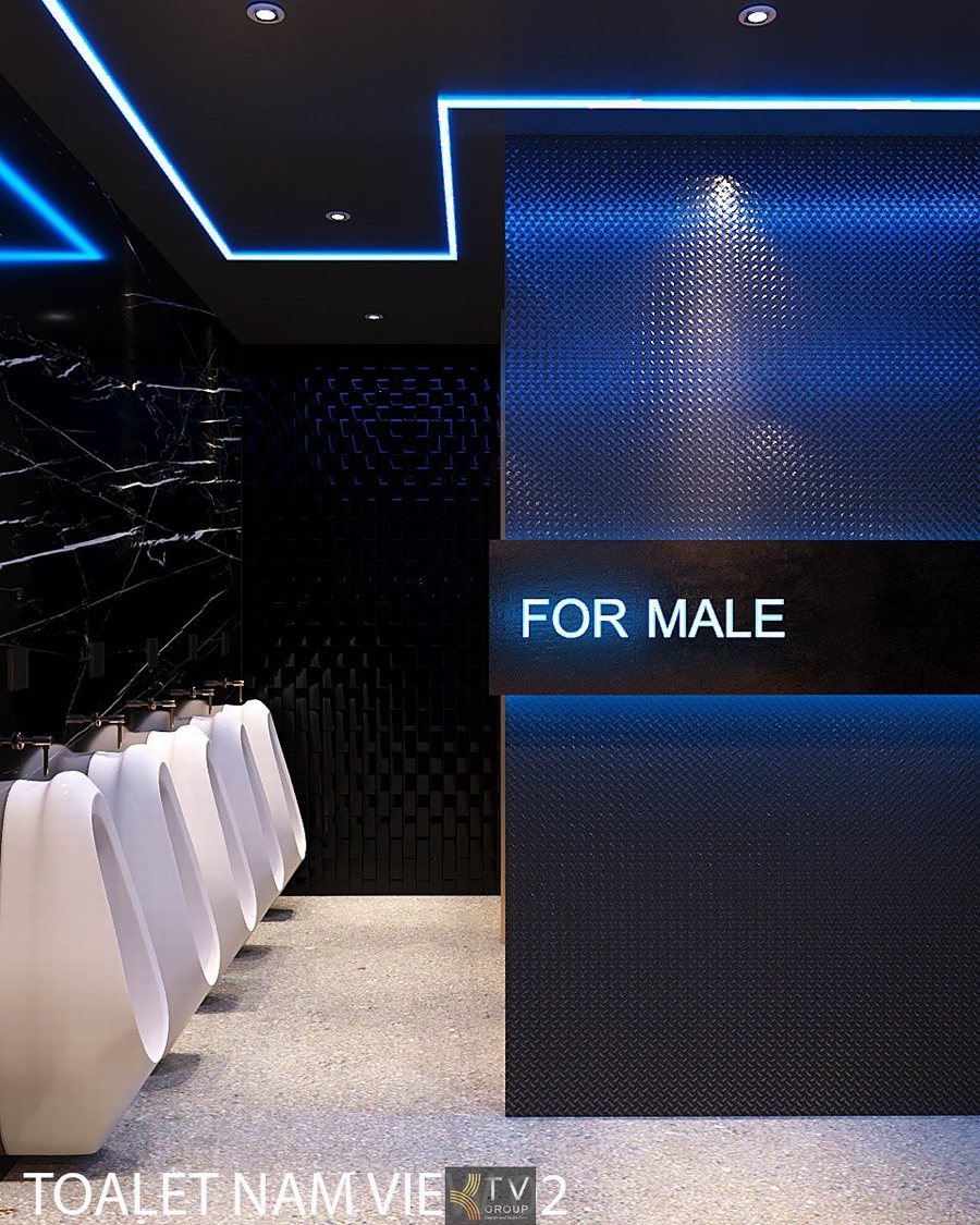 Không gian quầy DJ – Bar trung tâm nổi bật với cột pha lê phát sáng, hiệu ứng ánh sáng xanh huyền ảo và thiết kế vòm kim loại hiện đại, tạo điểm nhấn sang trọng cho toàn bộ Lounge 333