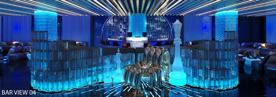 Không gian Lounge phong cách Futuristic – Crystal Blue với décor quân cờ phát sáng, cột LED trong suốt và trần lam kim loại tạo chiều sâu sang trọng 