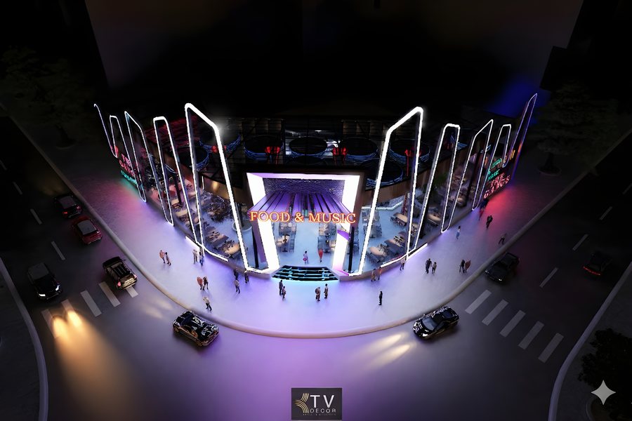 Phối cảnh tổng thể nhà hàng Garden – KTV GROUP thiết kế và thi công, mang phong cách mở, hiện đại và nổi bật giữa trung tâm thành phố.