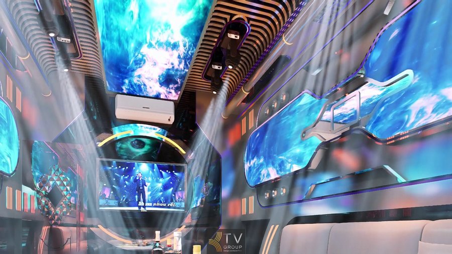 Thiết kế phòng karaoke phong cách vũ trụ LED 5D – hiệu ứng ánh sáng chuyển động, trần LED không gian và màn hình đa lớp tạo trải nghiệm giải trí sống động  