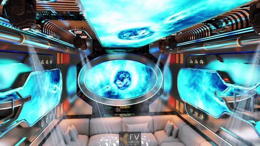 Thiết kế nội thất hiện đại với màn hình LED toàn phòng mang lại trải nghiệm giải trí đẳng cấp. 