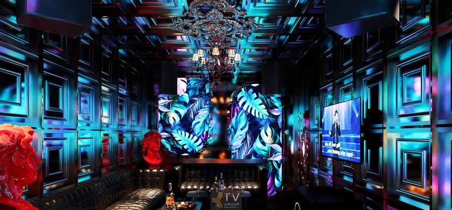 Thiết kế hiện đại kết hợp sofa da và đèn chùm tạo nên không khí giải trí cao cấp và thu hút. 1