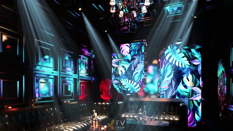 Thiết kế hiện đại kết hợp sofa da và đèn chùm tạo nên không khí giải trí cao cấp và thu hút. 4