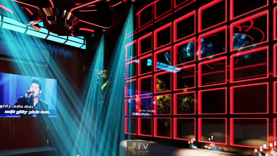Mẫu thiết kế phòng karaoke KTV diện tích 30m² với ánh sáng LED xanh – đỏ hài hòa, không gian sang trọng, hệ thống âm thanh – ánh sáng đồng bộ, mang lại trải nghiệm giải trí cao cấp với chi phí thi công hợp lý.