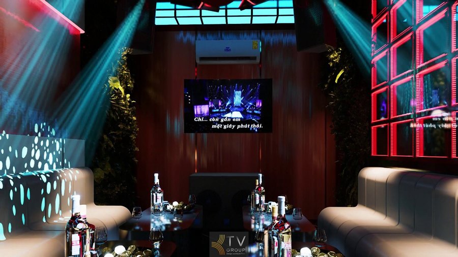 Thiết kế phòng karaoke KTV 30m² hiện đại với ánh sáng LED xanh đỏ, nội thất sofa cao cấp và chi phí thi công hợp lý.