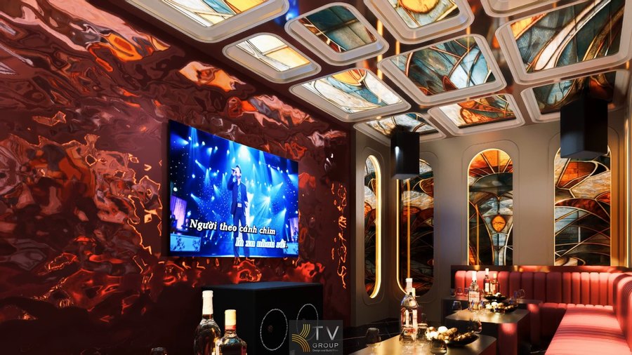 Thiết kế karaoke KTV phong cách Art Deco Luxury – không gian giải trí đẳng cấp với trần kính màu nghệ thuật, ánh sáng LED ấn tượng và nội thất sang trọng tạo cảm xúc bùng nổ ngay từ ánh nhìn đầu tiên.