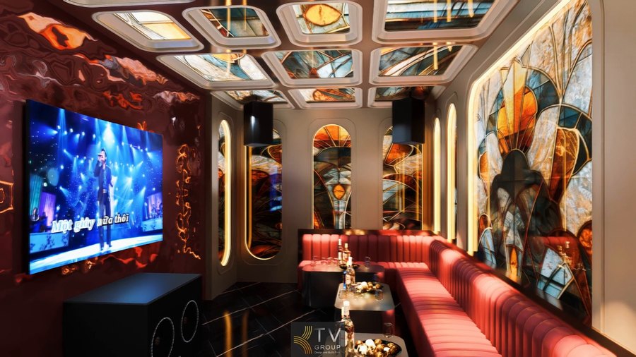 Phòng karaoke thiết kế sang trọng bởi KTV GROUP – không gian nghệ thuật độc đáo với ánh sáng và họa tiết kính màu cao cấp, mang đến trải nghiệm giải trí đỉnh cao.